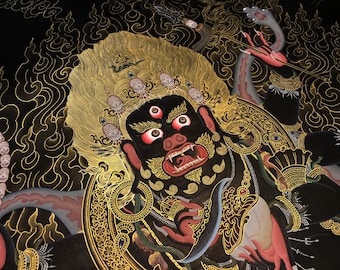 Best of the best quality Six armed mahakala. Gompo. hand painted by master artist. Nagthang style thangka painting. black and gold thangka.