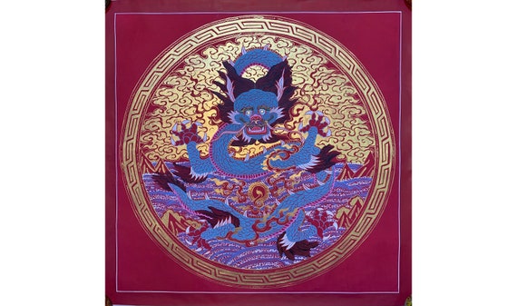 55x55 Cm Genuine Red Gold Dragon Thangka. Protector of Wealth for