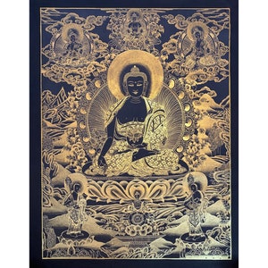 hochwertige Medizin Buddha Malerei. schwarz und gold tibetische Thangka Malerei. heilender Buddha, Doktorbuddha. zum Schutz vor Krankheiten.
