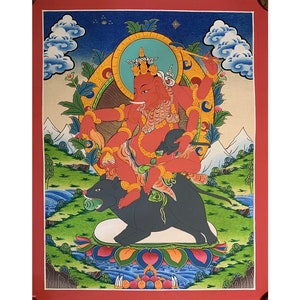 zeldzame rode Ganesh thangka. met de hand geschilderd ganesha thangka schilderij. dharma-beschermer. obstakels verwijderaar. dharmapala met olifantenkop.