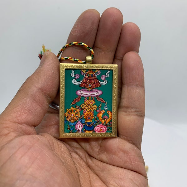 8 auspicious symbols mini thangka. Tashi taggye with green background. for good luck. lucky signs. necklace. hand painted mini thangka.