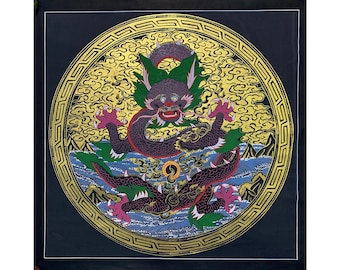 チベットタンカ　龍 チベットの小さなタンカ（黄龍の象嵌）｜繁栄と悟りをもたらす