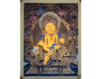 original Master Piece yellow Dzambhala Thangka. painted with 24 k gold and mineral pigments. unique jambhala on throne. for prosperity.