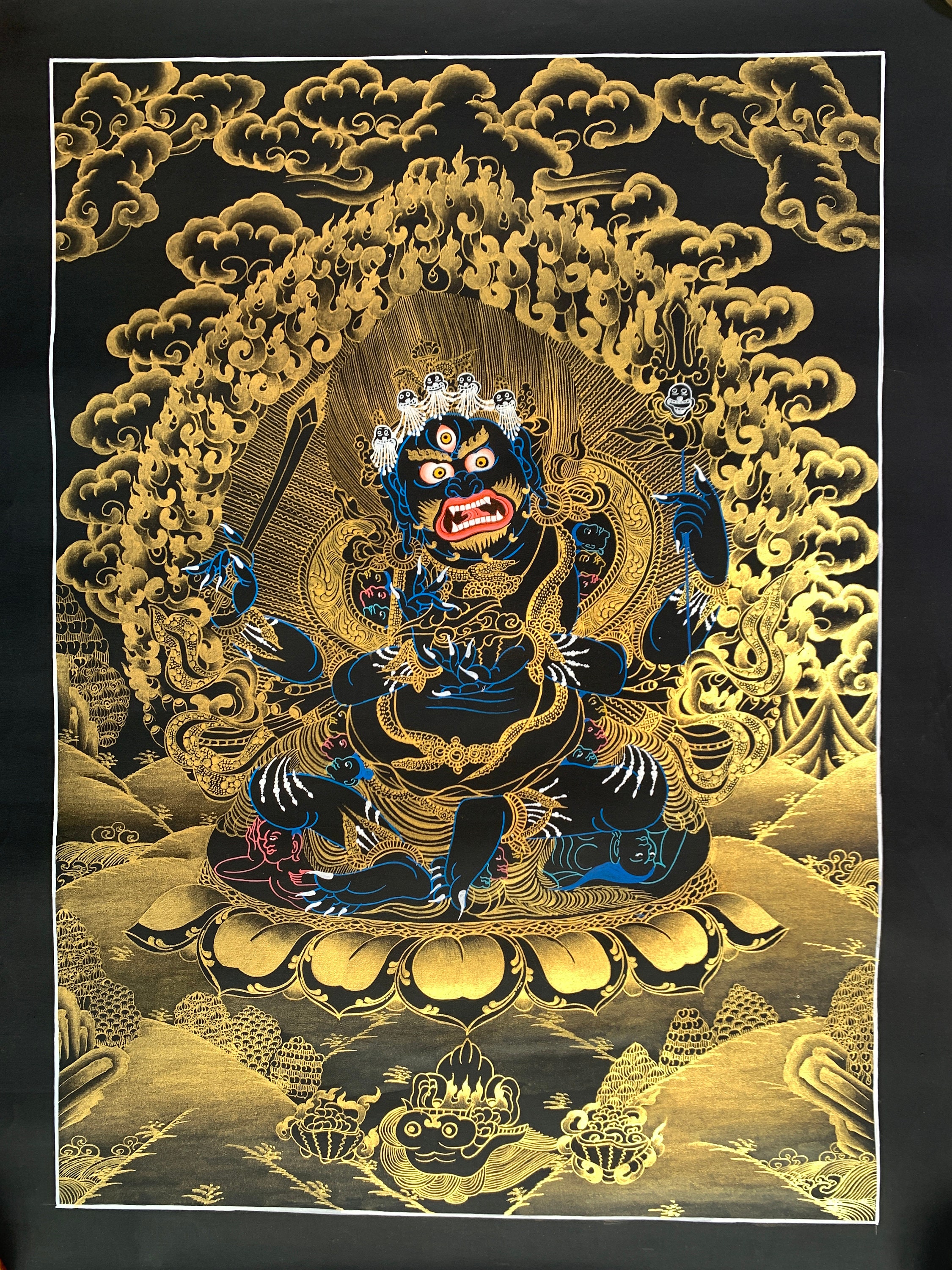 Black and Gold Four Armed Mahakala Thangka. Hand Painted Four