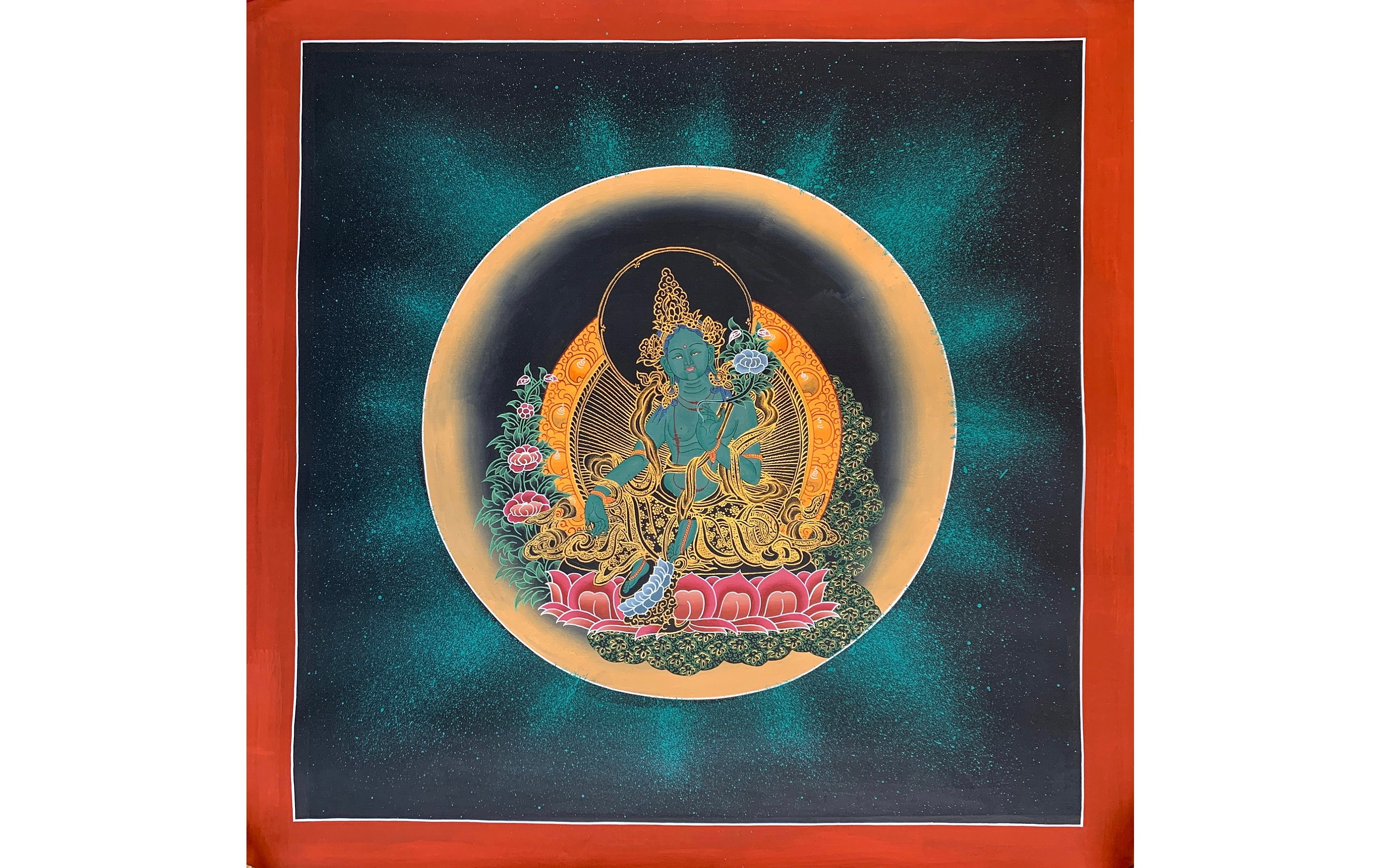 美しい緑のターラ夜空タンカ。手描きのターラタンカ。神社や壁の装飾に