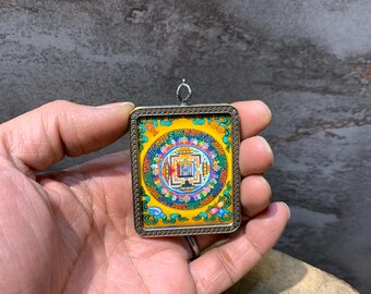 kalachakra mandala mini thangka with lucky signs. hand painted wheel of time pendant thangka. protection amulet. mandala thangka. ghau box