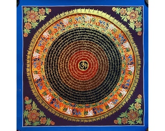 original colorful om mandala thangka painting. hand painted mandala. tibetan calligraphy. mantra mandala. prayer of compassion buddha. peace
