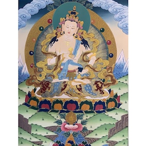 fine quality vajrasattva thangka. hand painted thangka. vajrasattva colorful thangka. Dorje sempa.