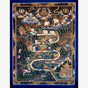 67x53 cm hand painted Transformation of elephant. Way to nirvana. Wild elephant is the metaphor to untrained mind. monk taming wild elephant