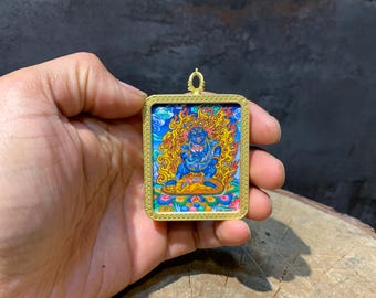 Black Dzambhala Thangka Pendant, Hand-Painted Canvas