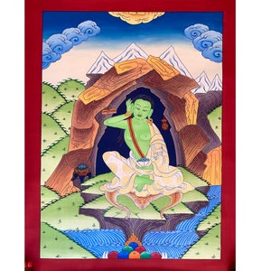 May include: A green deity sits in a cave with a mountain backdrop. The deity is holding a bowl and has a serene expression. The painting is done in a traditional Tibetan style.