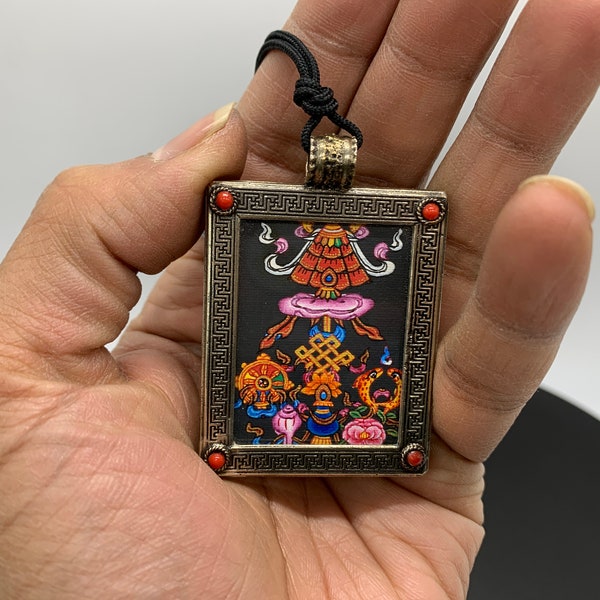 Astamangal mini thangka. 8 auspicious symbols. Tashi taggye with black background. for good luck. lucky signs. necklace. hand painted.