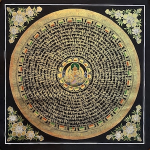Dzambhala mandala. black and gold hand painted mantra mandala. God of wealth palace. kuber painting. for prosperity