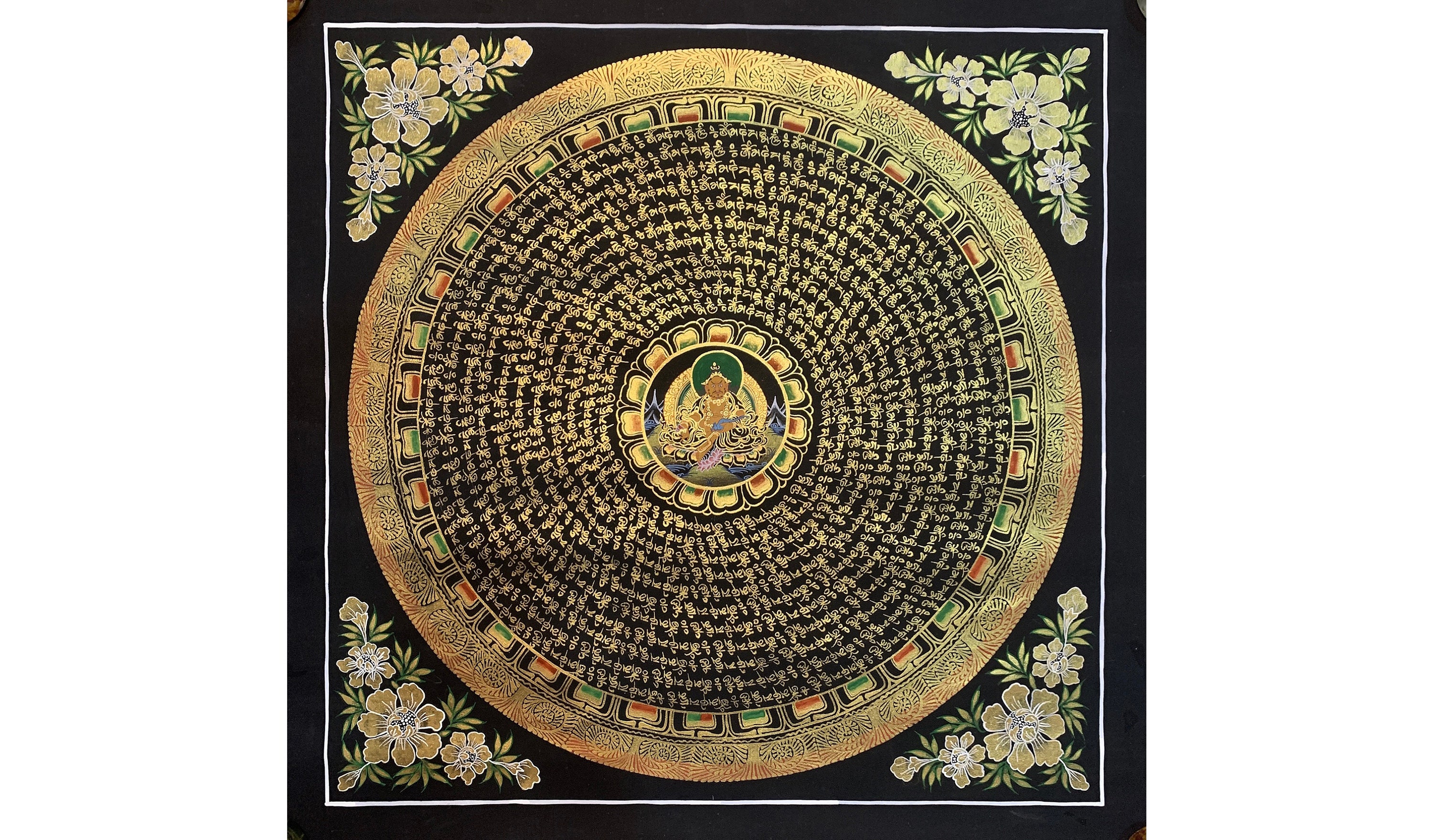 Dzambhala Mandala. Black and Gold Hand Painted Mantra Mandala. God