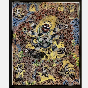 Wrathful six armed mahakala thangka. with his attendant. Black and gold hand painted thangka painting. Mahakala inside blazing fire.