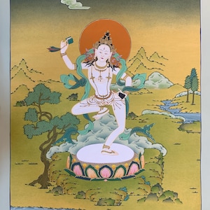 Machig labdrón thangka. Dakini de sabiduría pintada a mano. madre de la práctica del chod. la dakini damaru.