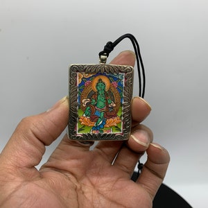 Green tara mini thangka. hand painted green tara pendant. necklace. can be wear as a protection amulet or for blessing.