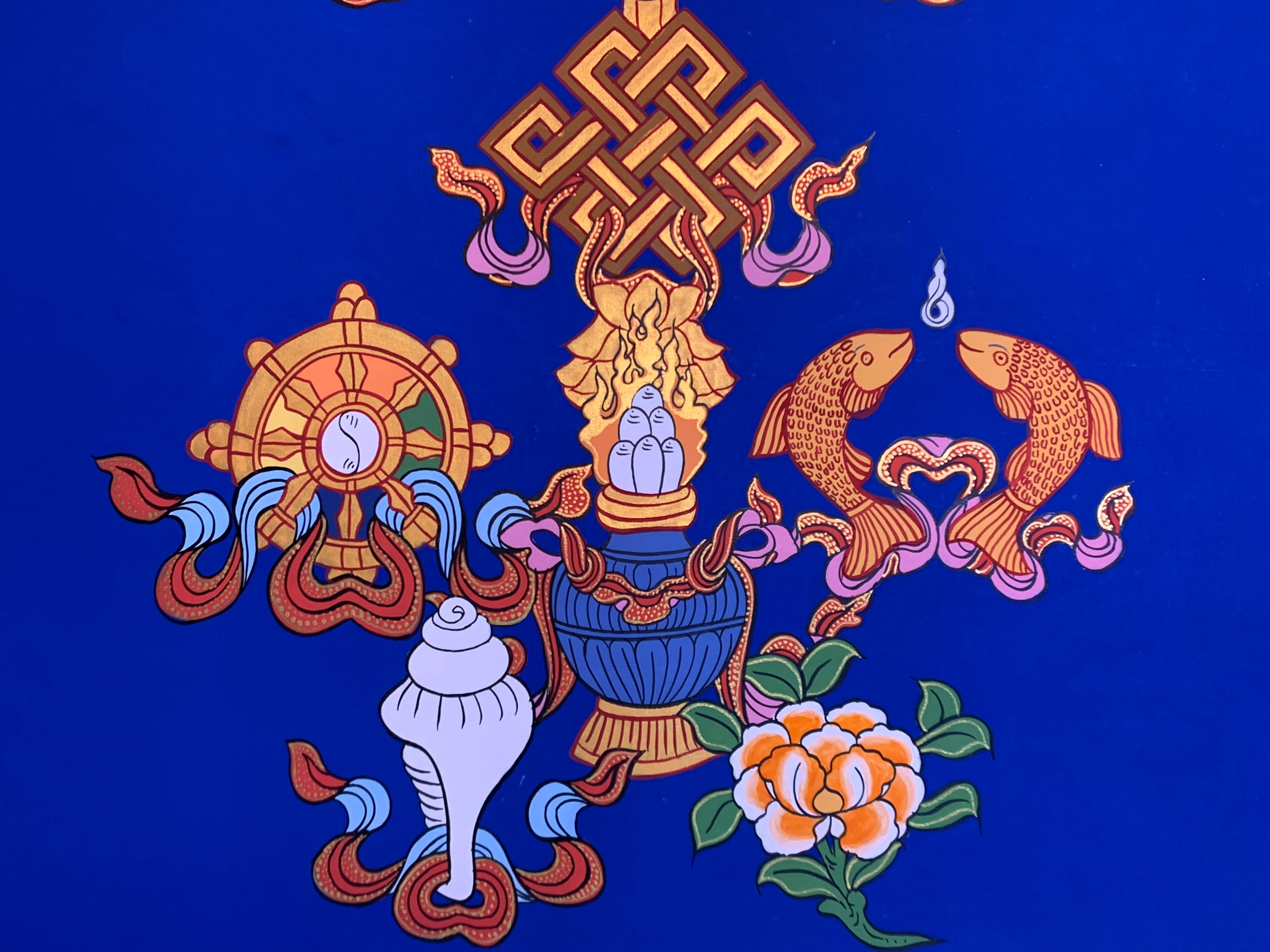 Huit symboles de bon augure. 8 signes portebonheur. Thangka d