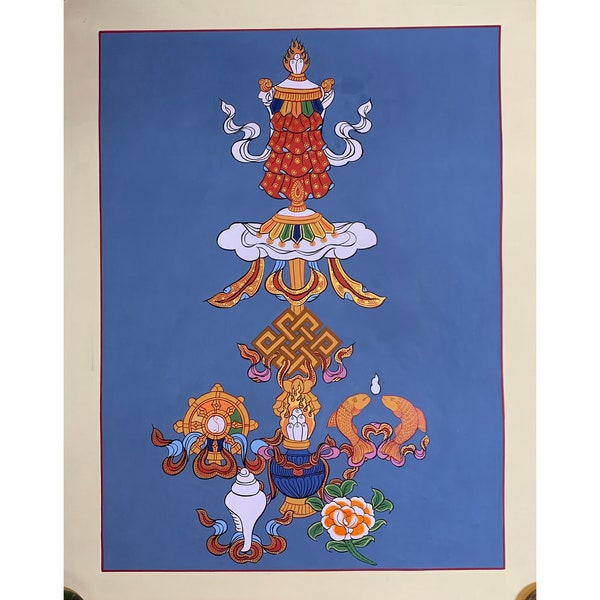 Astamangal thangka. Eight auspicious symbols. for good luck. Tibetan style auspicious symbols. Tashi Taggye. for good fortune.