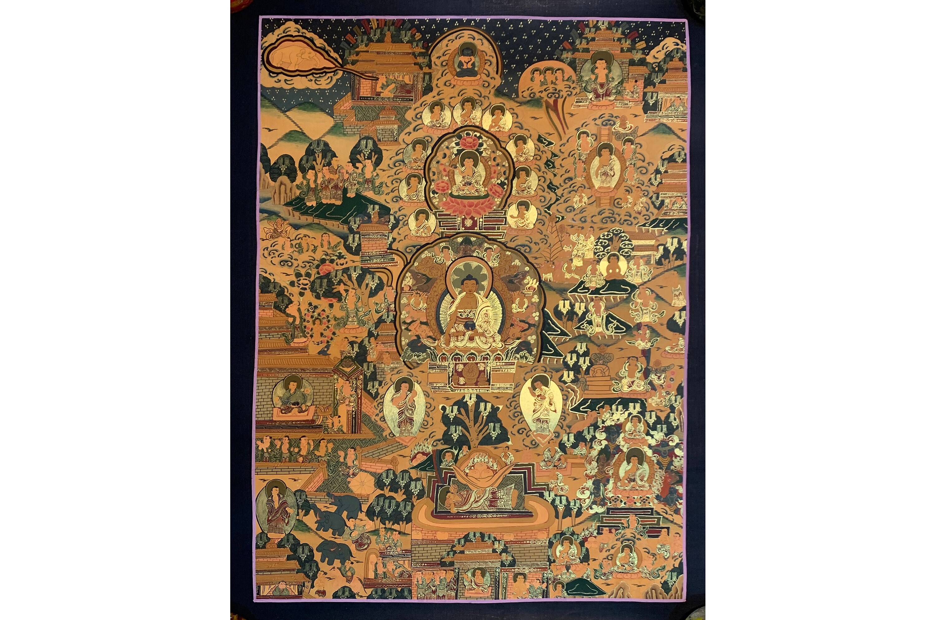 Life story of buddha thangka. original hand painted Buddha´s life canvas painting. the twelve deeds of buddha. Buddha shakyamuni.thumbnail
