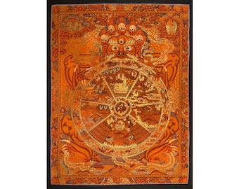 42x53 cm Wheel of life thangka. orange theme cycle of rebirth and suffering. wheel of existence, samsara and nirvana. bhavachakra. for luck.
