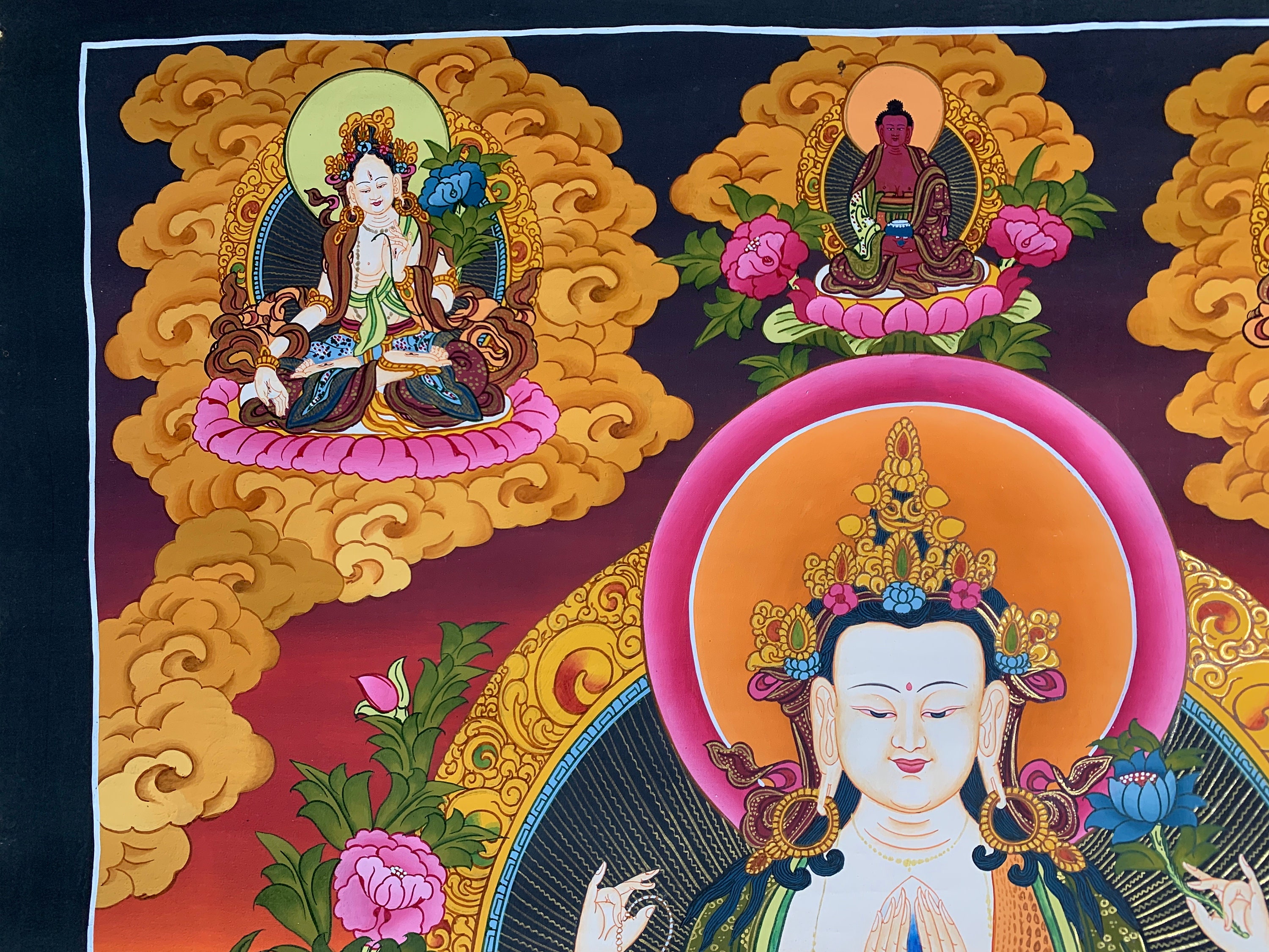 Thangka Tibétain Gandhanra - Quatre Animaux Harmonieux - Dorure Et Soie - Décoration Murale Zen, Méditation