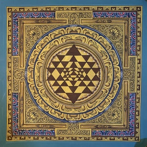 hand painted golden color shri yantra of laxmi. goddess of wealth. magnetizing yantra of goddess laxmi. for prosperity, norgyunma. Norlha.