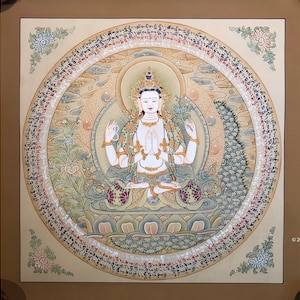 35x35 cm fine quality yellow theme Avalokitesvara thangka painting. compassion buddha. Four armed chenrezig. for generating compassion. luck