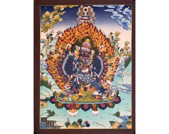Fine quality colorful yamantaka thangka. wrathful form of arya manjushri. terminator of death. hand painted tibetan style thangka painting.