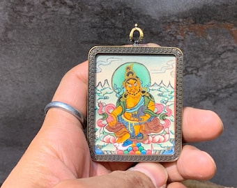 Dzambhala Mini Thangka Pendant, God of Wealth, Protection Amulet