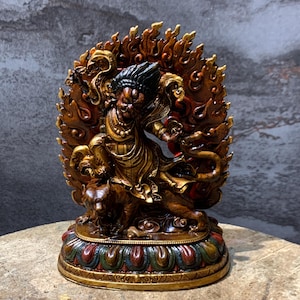 Antique finish Guru dorje drollo statue. Hand crafted crazy wisdom guru. guru rinpoche on pregnant tigress. Consecrated guru statue.