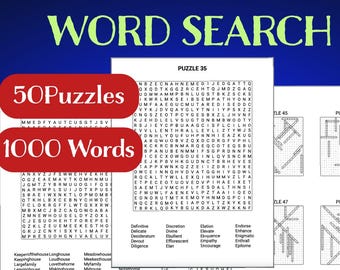 50 Words Search Puzzles with Solutions, Great Gift Idea, Puzzles for all,  (Digital Download)
