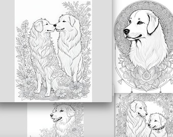 May include: A collection of black and white line art colouring pages featuring golden retriever dogs in various poses, surrounded by intricate floral patterns, botanical elements, and circular mandala-style designs on a white background.