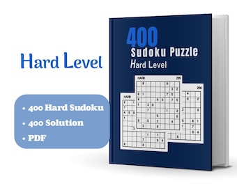 Op de afbeelding: Een blauw boek met de titel "400 Sudoku Puzzle Hard Level" met witte tekst. De afbeelding toont losse vellen Sudoku-puzzels. De afbeelding bevat ook de tekst "400 Hard Sudoku", "400 Solution" en "PDF".