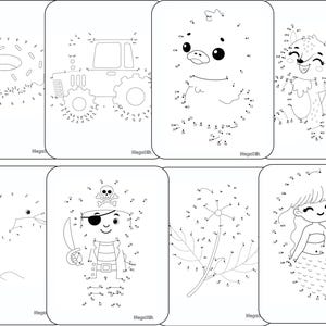 May include: A collection of eight black and white dot-to-dot activity sheets featuring outlines of a donut, a tractor, a duckling, a squirrel, a dolphin, a pirate, a flower, and a mermaid, each with numbered points to connect for drawing.