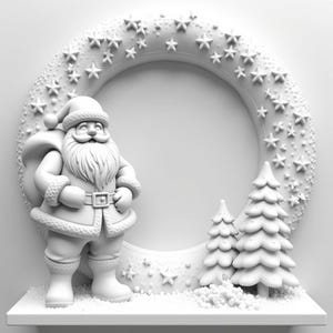 Peut inclure: Une décoration de Noël blanche avec une figurine du Père Noël, deux petits sapins et une couronne ornée d'étoiles. Le Père Noël a une barbe fournie et porte un sac. Le design est monochrome et posé sur une étagère.