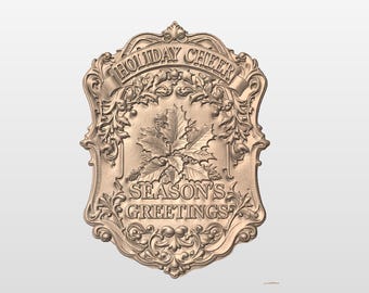 May include: Ornate, gold-colored plaque with the words "HOLIDAY CHEER" and "SEASON'S GREETINGS" in a decorative banner and text. The plaque features a central maple leaf design surrounded by floral and scrollwork details, suitable for holiday decor.