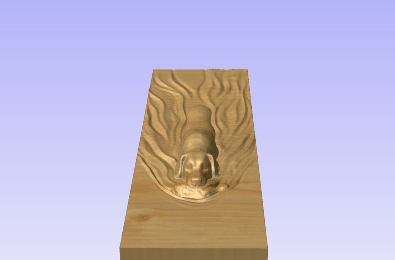 May include: A wooden carving of a dog swimming in a stream. The dog is brown and the water is carved in a wavy pattern.