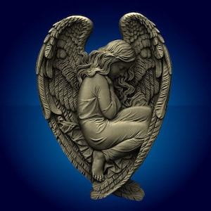 May include: A detailed sculpture of an angel with wings folded around a sleeping figure. The angel is carved in a light brown colour and has a serene expression.