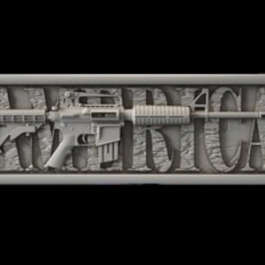 May include: A framed wood carving of a rifle with the word "AMERICA" carved into the wood.