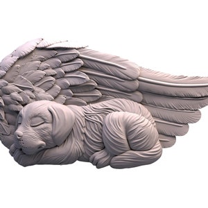 Puede incluir: Una escultura de cer&aacute;mica blanca de un perro durmiendo con alas de &aacute;ngel. El perro est&aacute; enroscado con los ojos cerrados y la cabeza apoyada en las patas. Las alas son grandes y plumosas, y est&aacute;n extendidas detr&aacute;s del perro.