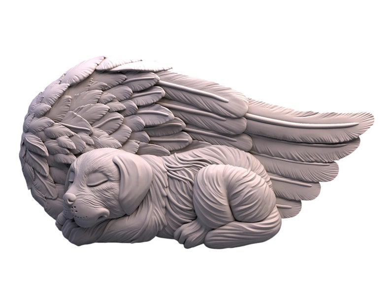 Puede incluir: Una escultura de cer&aacute;mica blanca de un perro durmiendo con alas de &aacute;ngel. El perro est&aacute; enroscado con los ojos cerrados y la cabeza apoyada en las patas. Las alas son grandes y plumosas, y est&aacute;n extendidas detr&aacute;s del perro.