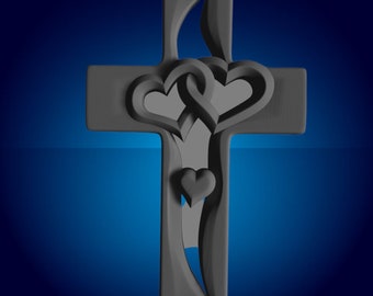 May include: A gray wooden cross with a carved design of two intertwined hearts. The hearts are in the center of the cross and are surrounded by a decorative floral design.
