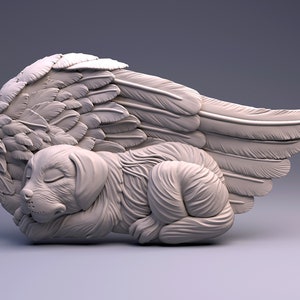 Puede incluir: Una escultura de cer&aacute;mica blanca de un perro durmiendo con alas de &aacute;ngel. El perro est&aacute; acurrucado en un sue&ntilde;o tranquilo, con la cabeza apoyada en sus patas. Las alas est&aacute;n extendidas detr&aacute;s del perro, creando una sensaci&oacute;n de serenidad y protecci&oacute;n.