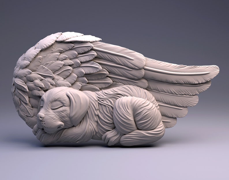 Puede incluir: Una escultura de cer&aacute;mica blanca de un perro durmiendo con alas de &aacute;ngel. El perro est&aacute; acurrucado en un sue&ntilde;o tranquilo, con la cabeza apoyada en sus patas. Las alas est&aacute;n extendidas detr&aacute;s del perro, creando una sensaci&oacute;n de serenidad y protecci&oacute;n.