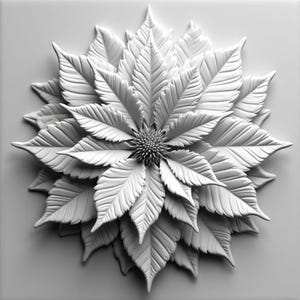 May include: A detailed, white, floral relief sculpture. The design features layered, textured leaves radiating from a central, textured core. The artwork is monochromatic, with subtle shading to emphasize the three-dimensional form.