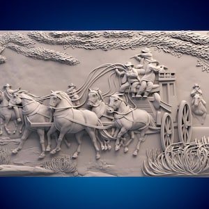File per router CNC 3D "Wild West, Stagecoach. Horses", file STL 3D, Vectric, Aspire, Easel, file di taglio CNC, file 2.5D