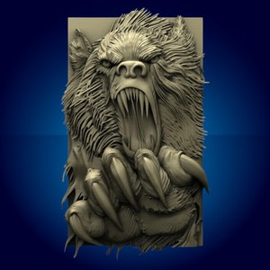 May include: A detailed 3D relief sculpture of a snarling wolf with sharp teeth and claws. The wolf is depicted in a realistic style with fur and muscle definition.