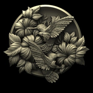 May include: A circular relief carving featuring two hummingbirds in flight, surrounded by hibiscus flowers and leaves. The carving is in a light brown color and has a textured surface.