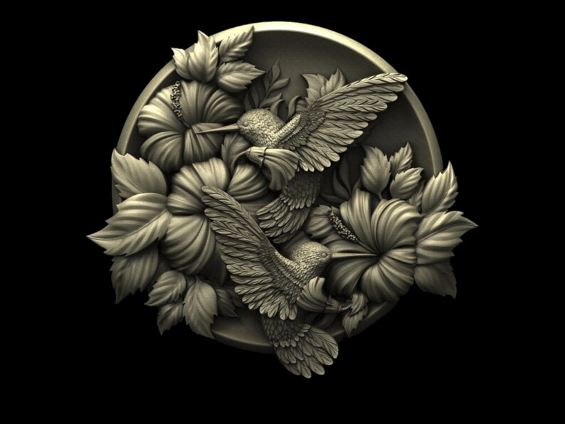 May include: A circular relief carving featuring two hummingbirds in flight, surrounded by hibiscus flowers and leaves. The carving is in a light brown color and has a textured surface.